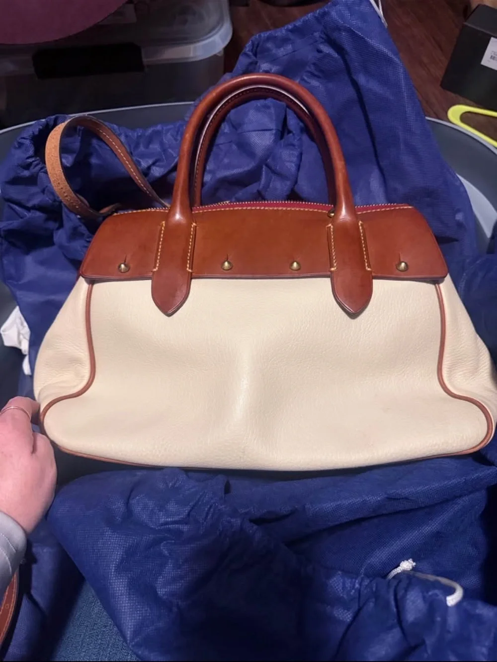 Dooney & Bourke Leather Two-Tone Satchel Handbag in Cream and Brown